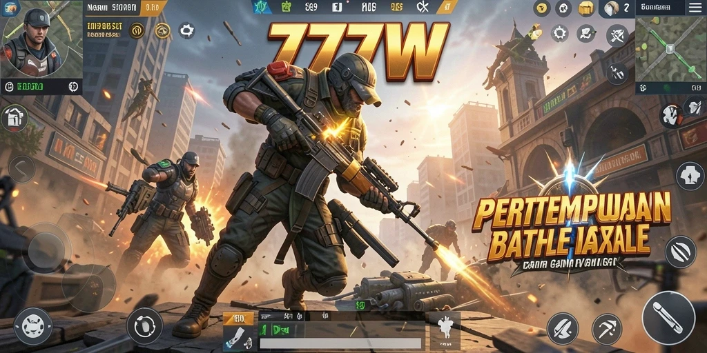Screenshot utama 7777W menampilkan pertempuran seru di arena Battle Royale.