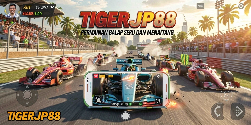 Screenshot utama TIGERJP88 menampilkan aksi balap yang mendebarkan dengan kendaraan yang menawan.