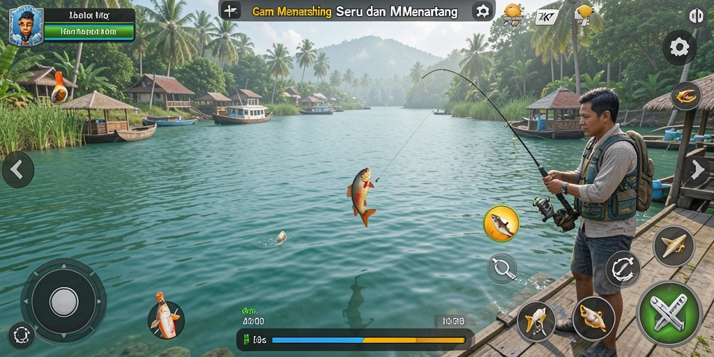 Tampilan gameplay ZK7 yang memukau saat memancing di danau.